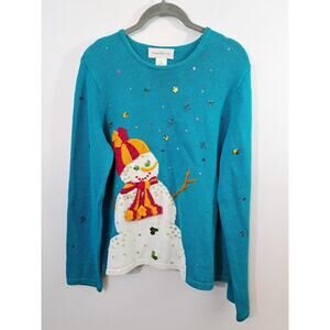 Susan Bristol Women's Blue Snowman Beaded Sweater In Size Large Winter